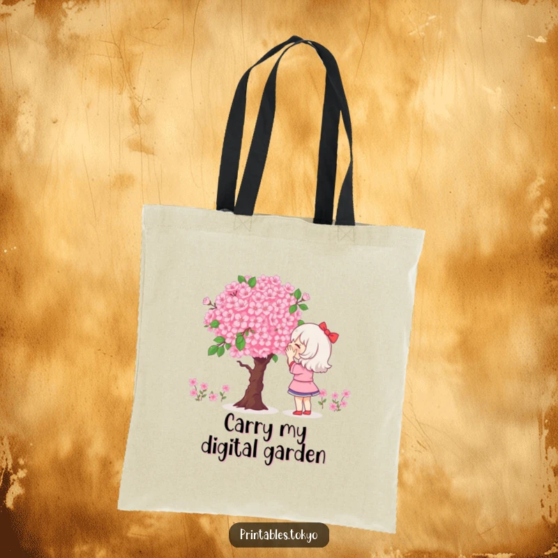 Funny tote bag illustrating a character looking in wonder at a giant, pixelated bouquet of cherry blossoms.