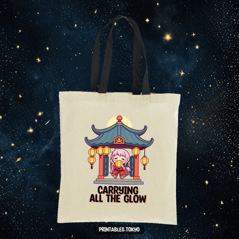 Funny tote bag illustrating a character juggling bright glowing lanterns beneath a stylized temple roof, full of wonder.