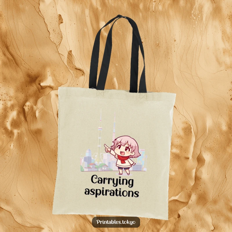 Funny tote bag showcasing an excited character pointing towards a bright Tokyo skyline, perfect for carrying travel essentials.