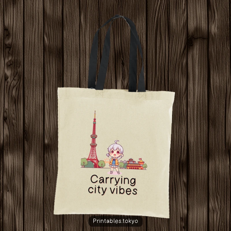 Funny tote bag illustration of a character playfully posing with a stylized Tokyo Tower, capturing travel excitement.