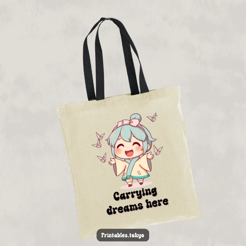 Funny tote bag illustration of a smiling character effortlessly juggling numerous tiny, colorful origami cranes, perfect for everyday use.