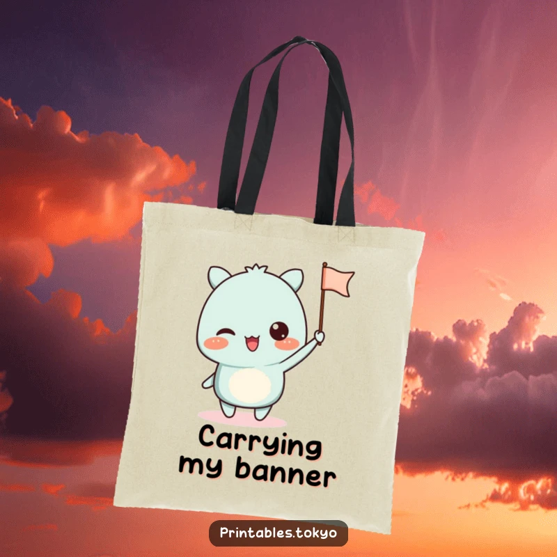 Funny tote bag with an excited character waving a small paper flag, perfect for carrying essentials with spirit.