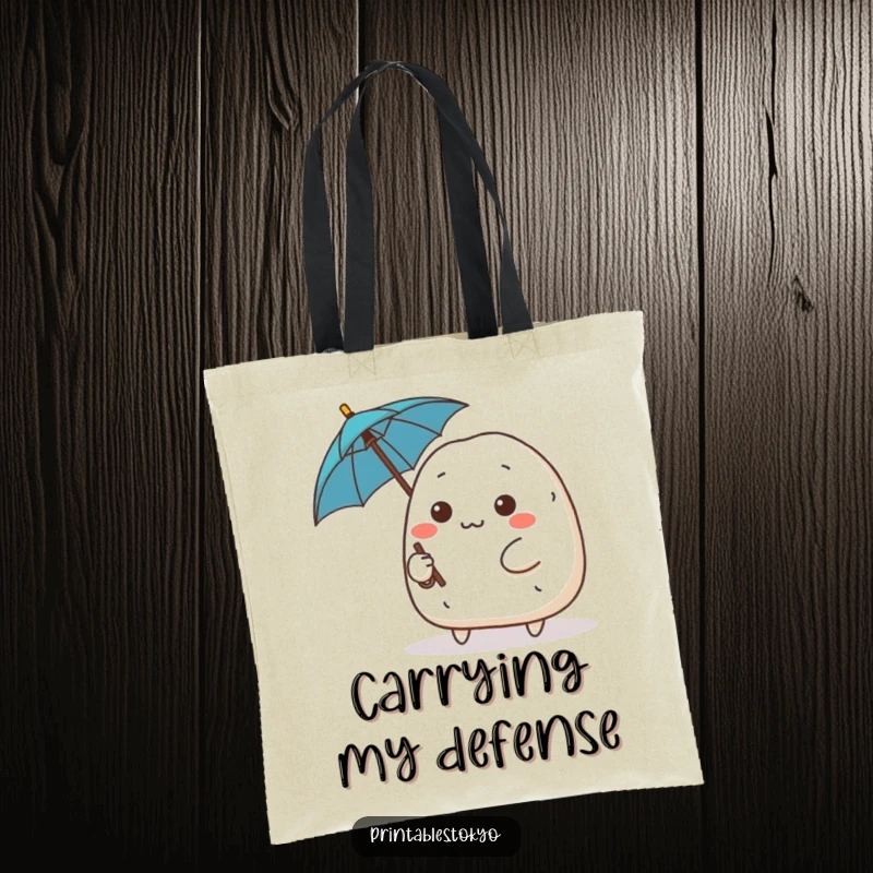Funny cute onigiri character with a determined expression wielding a tiny umbrella, brave tote bag, practical and resilient accessory.