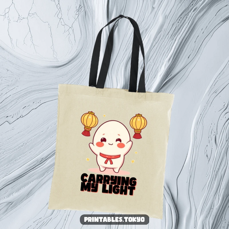 Funny tote bag with a cheerful mochi character with rosy cheeks, juggling illuminated lanterns, perfect for carrying daily items with fun.