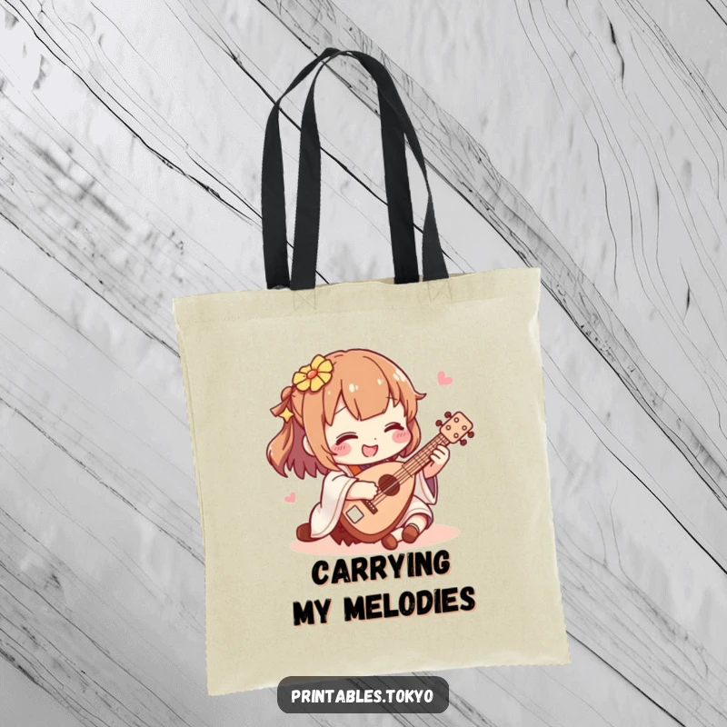 Funny shamisen player tote bag, a character happily strumming a miniature shamisen, a stylish and humorous way to carry belongings.