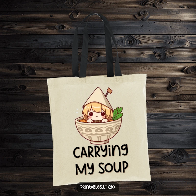 Funny tote bag featuring a comical character in a paper hat peeking out of a ramen bowl, ready for a delicious meal.