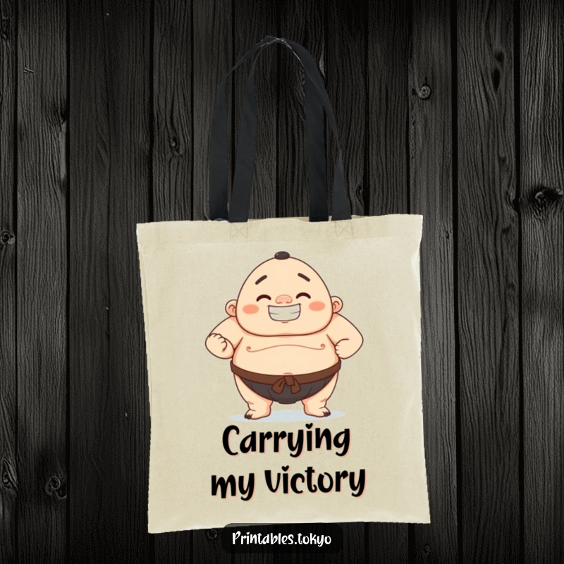 Funny tote bag illustrating a determined character in a sumo wrestling pose with a wide, proud grin.