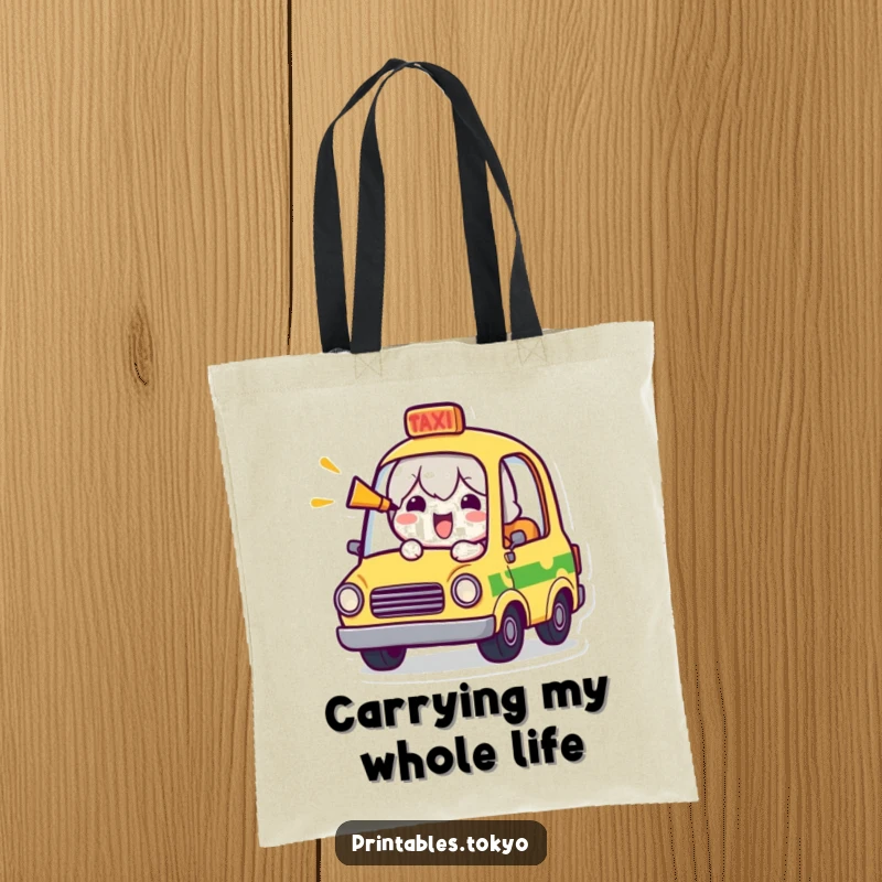 Funny tote bag illustrating a cheerful character in a small taxi, comically honking the horn with an infectious grin.