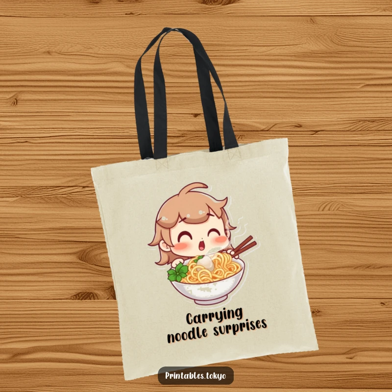 Funny tote bag featuring a character with a shocked expression looking at a steaming bowl of noodles, perfect for carrying items with a humorous nod to delicious discoveries.