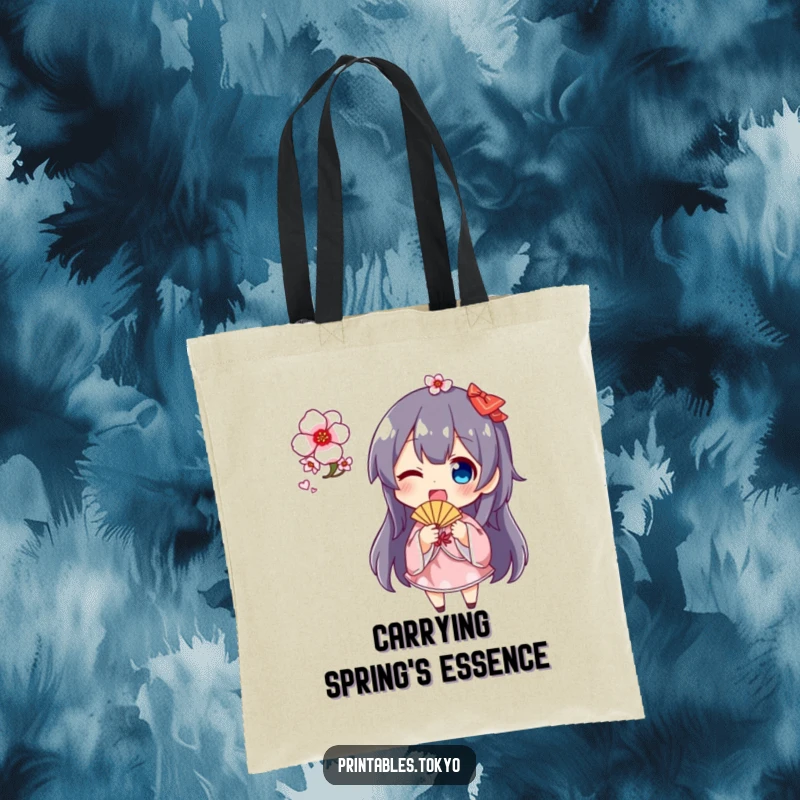 Funny cherry blossom fan tote bag with a charming character enthusiastically waving a fan adorned with blooming cherry blossoms, perfect for spring outings.