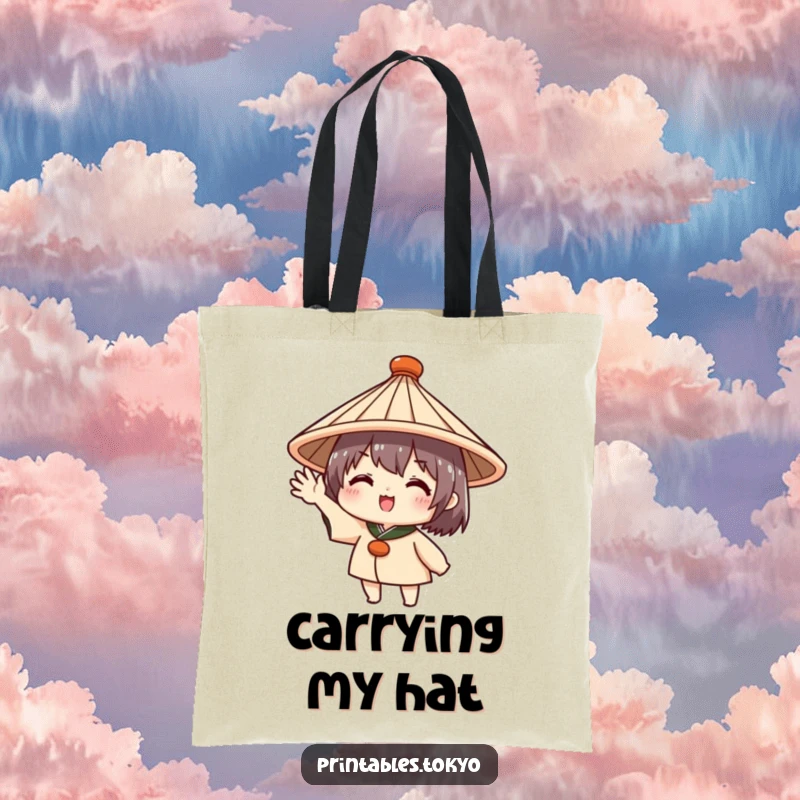Funny tote bag with a cute character in a traditional Japanese hat, enthusiastically waving, perfect for carrying essentials with friendly flair.