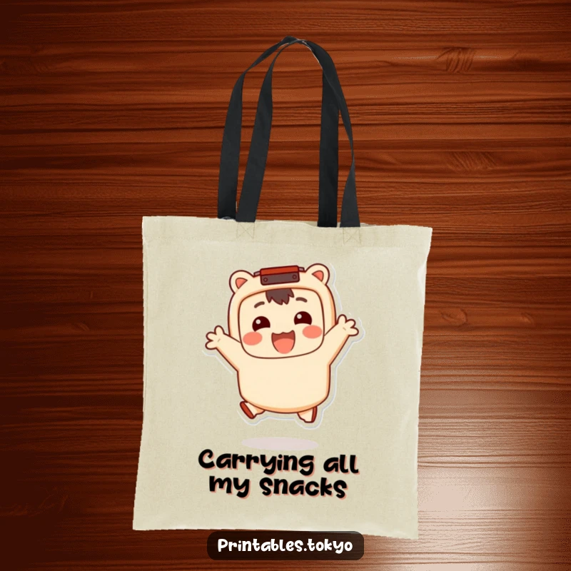 Funny Tote Bag: A smiling character with a bento box accessory jumps happily, perfect for carrying meals with humor and style, a funny gift.