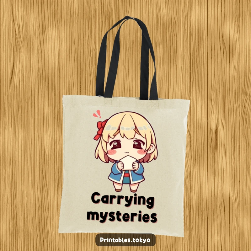 Funny tote bag showing a character's confused look while holding a fortune cookie, offering a humorous carry-all for life's mysteries.