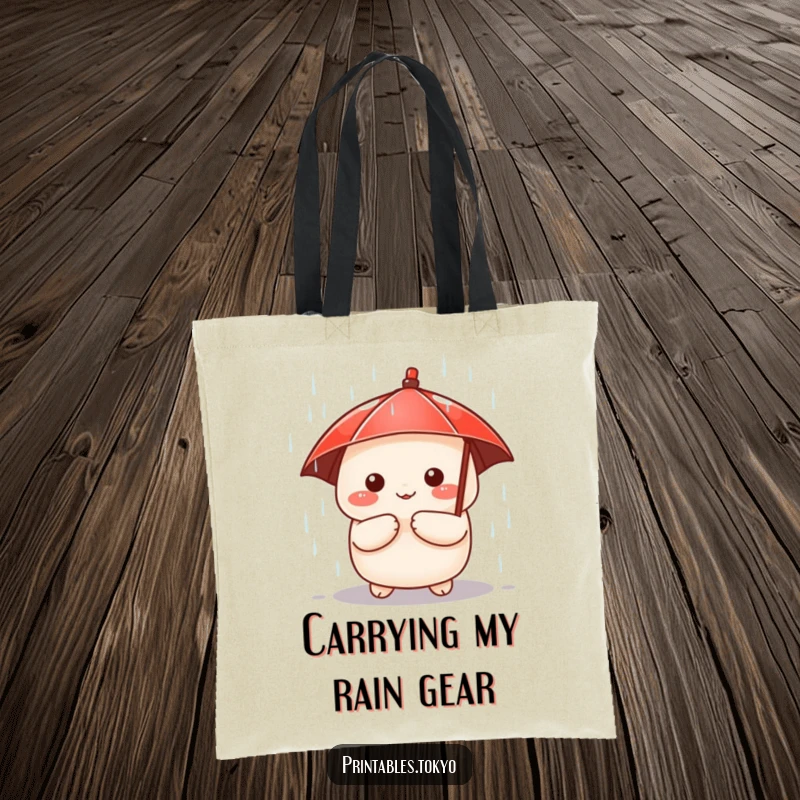 Funny tote bag with a cute dumpling character holding a tiny red umbrella, peeking out from a rain shower, practical and charming.