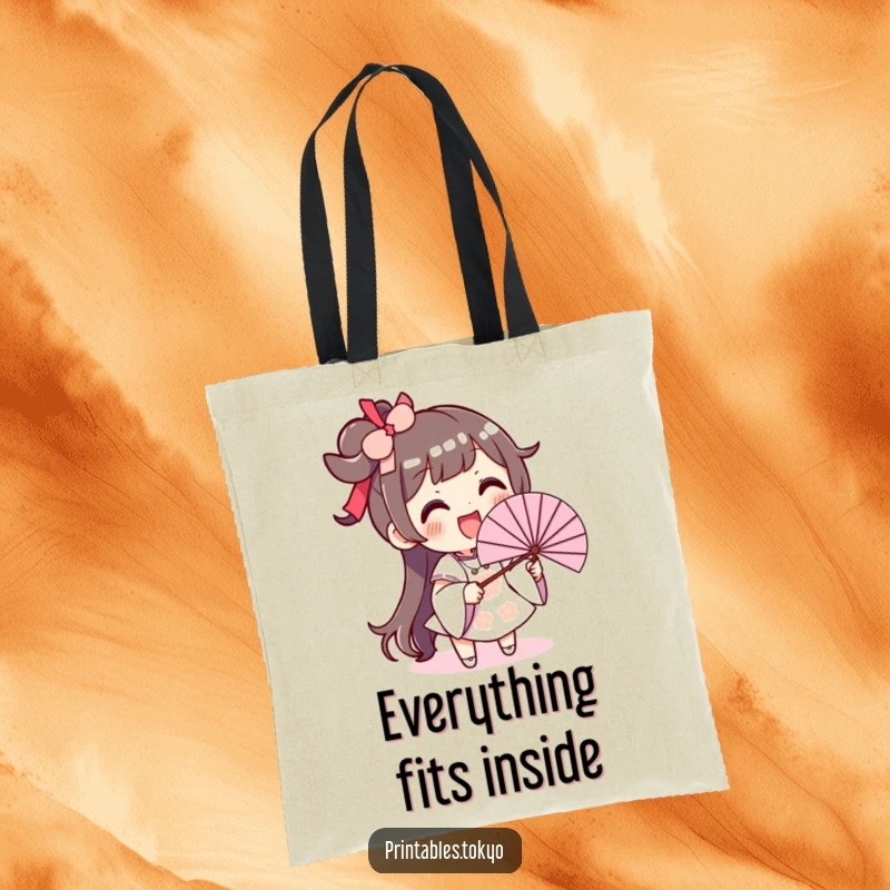 Funny tote bag featuring an excited, smiling character energetically waving a large fan, perfect for staying cool.