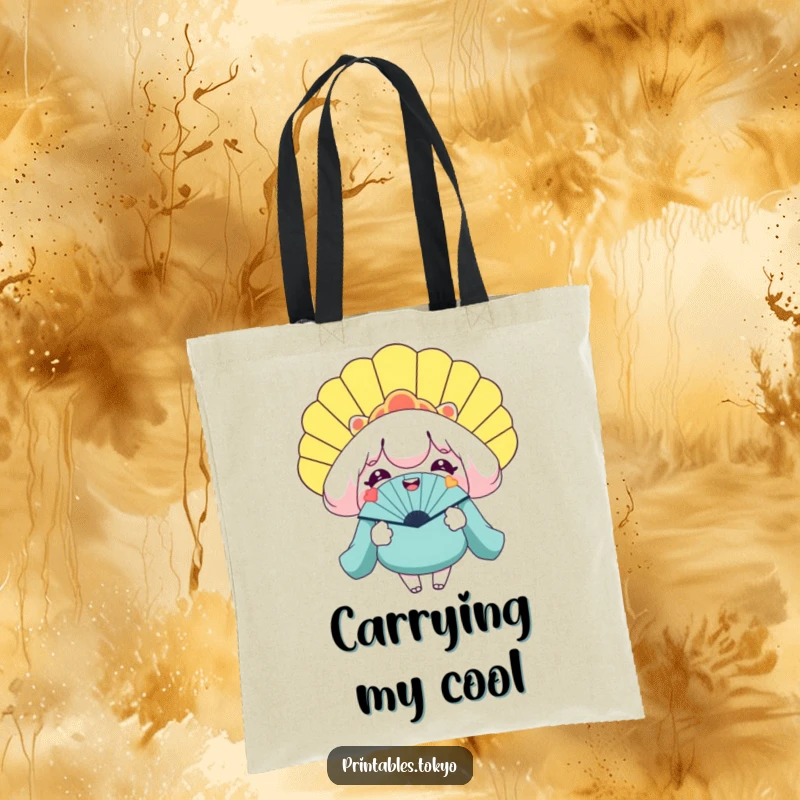 Funny tote bag with a smiling character holding a gigantic novelty fan, perfect for carrying essentials with a cool vibe.