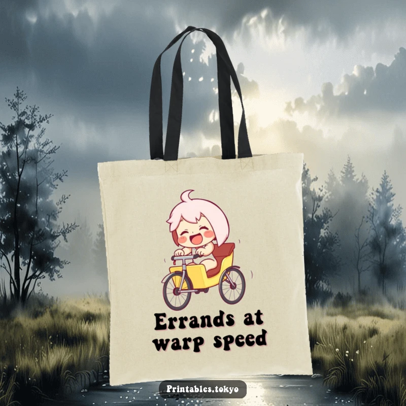 Funny giggling character in a tiny rickshaw, pedaling furiously downhill, on a durable tote bag. Humorous and practical for daily use.