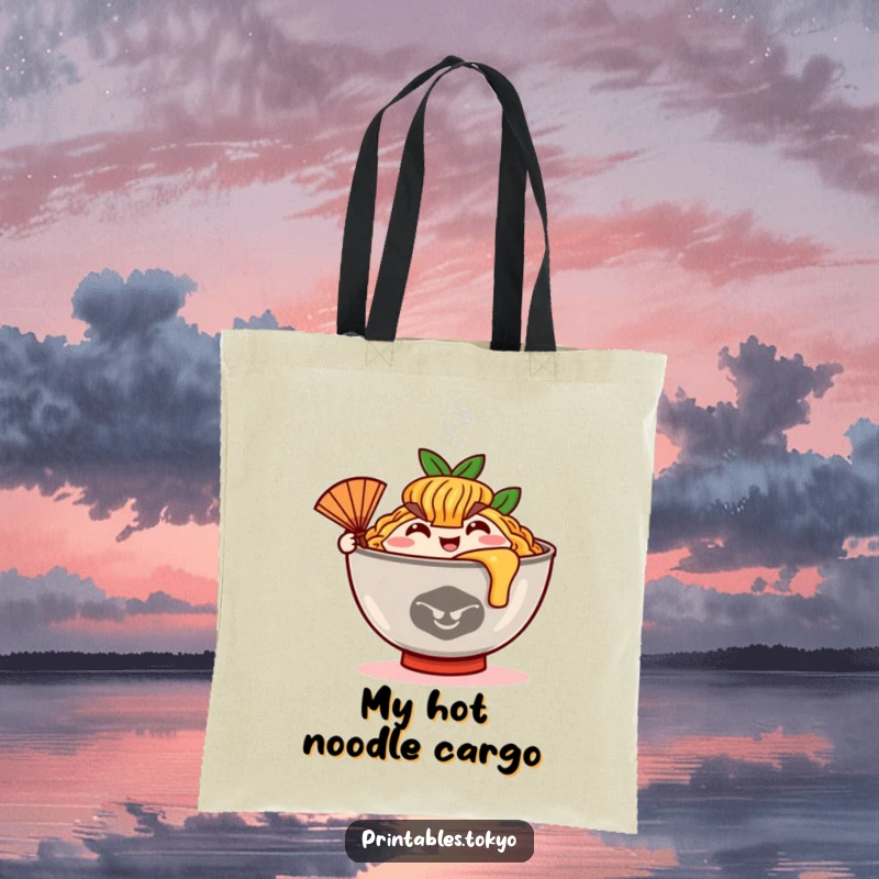Funny ramen bowl character with steam rising and a tiny fan, shown on a durable and humorous tote bag.