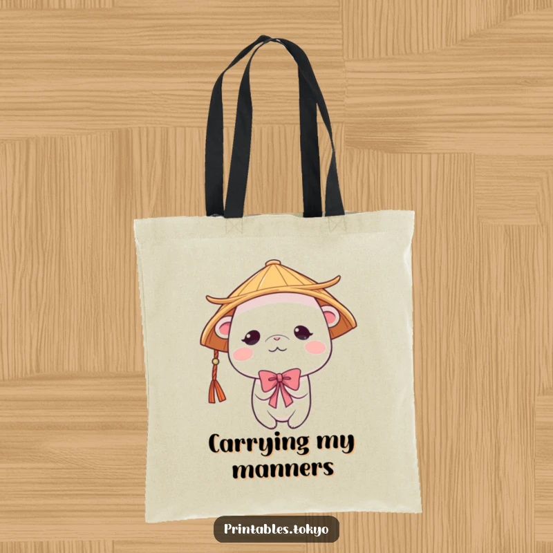 Funny cute creature wearing a traditional Japanese hat, bowing shyly, on a durable tote bag. Humorous and elegantly practical.