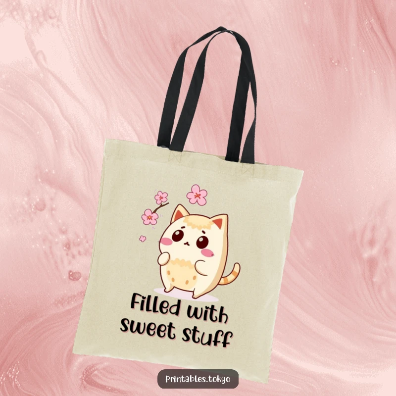 Funny taiyaki character surprised, tail wagging, narrowly avoiding a falling cherry blossom, on a durable tote bag.