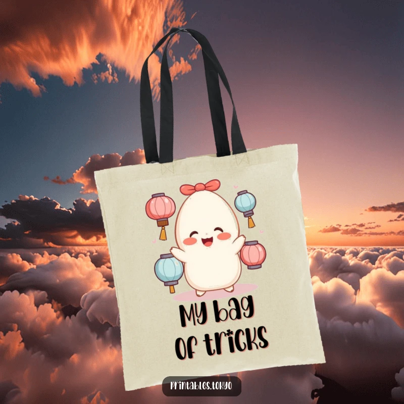 Funny mochi character with rosy cheeks juggling colorful lanterns, printed on a durable tote bag.
