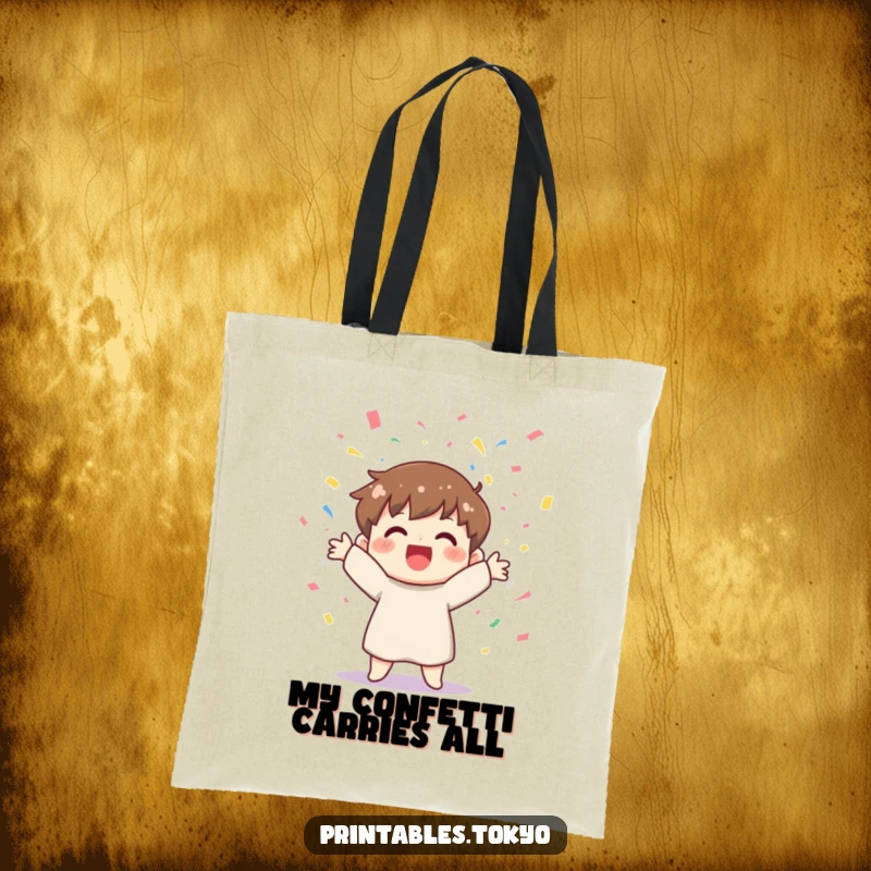 Funny tote bag with a cheerful character joyfully tossing colorful confetti, perfect for carrying party essentials with flair.