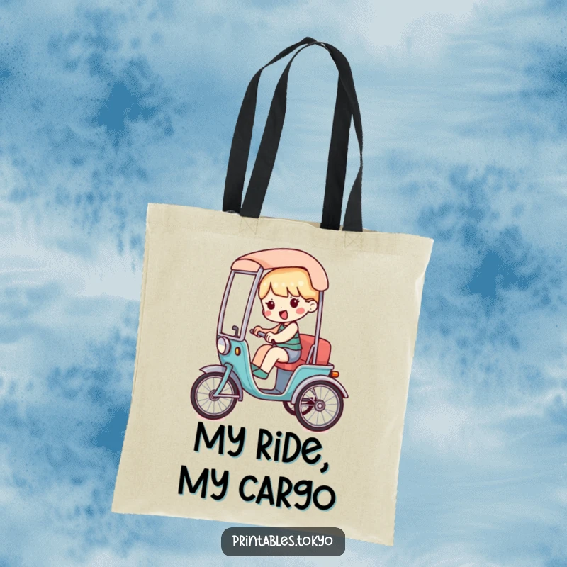 Funny tote bag featuring a character riding in a miniature, stylized rickshaw, perfect for shopping and errands.