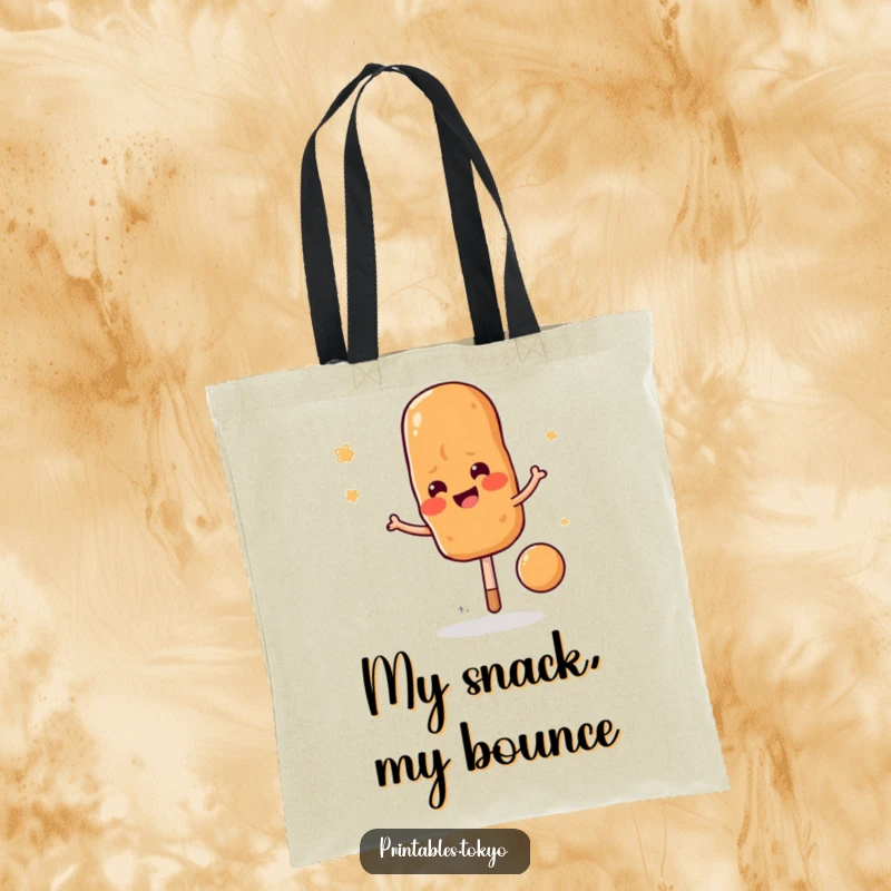 Funny yakitori skewer tote bag, bouncing with energy, perfect for carrying groceries or snacks with a smile.