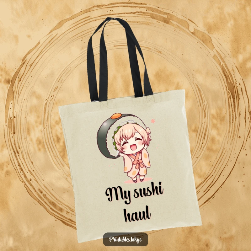 Funny character in a kimono joyfully holding a giant sushi roll, a humorous and practical tote bag.